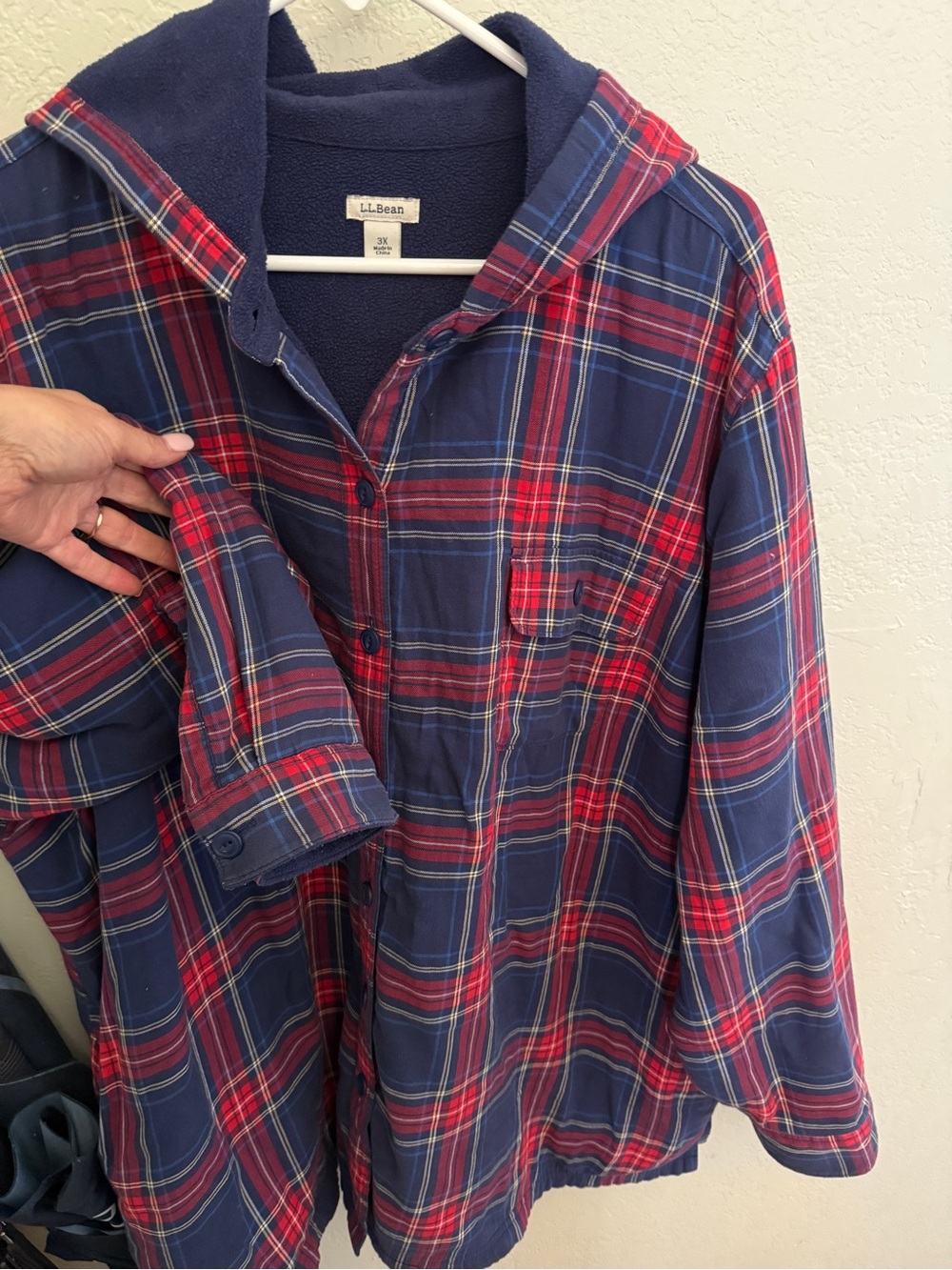 L.L. Bean Red and Navy Plaid Hooded Shirt Jacket